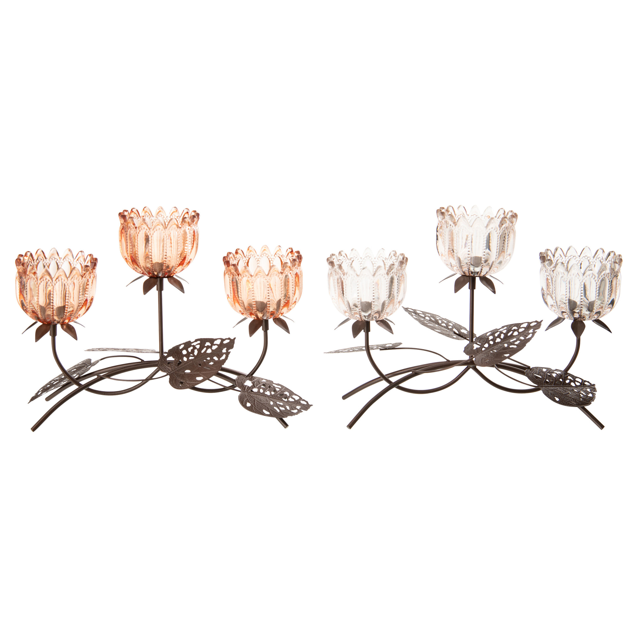 J-Line Photophore Fleur - métal/verre - rose clair/orange - large - 2 pièces