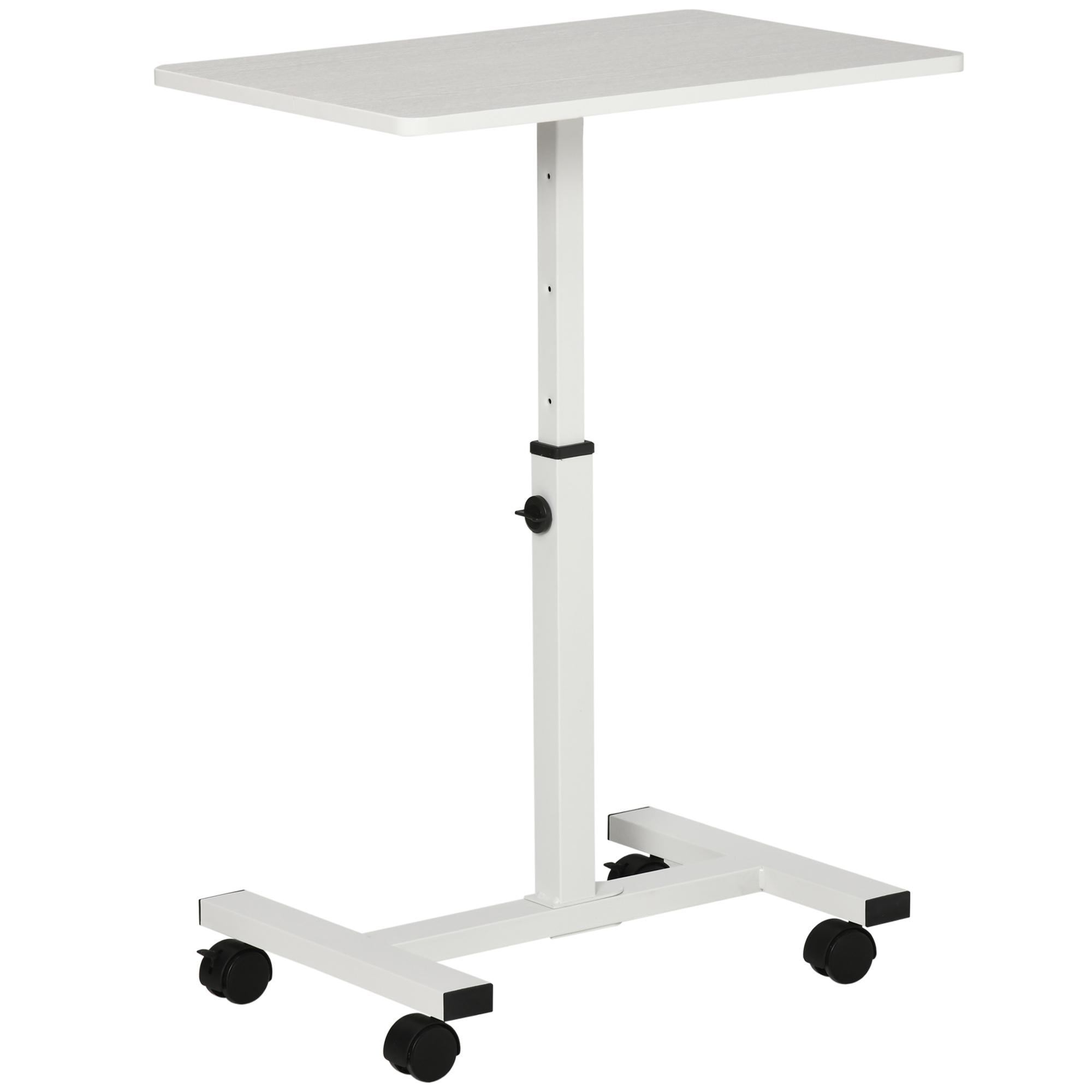 HOMCOM Mesa Auxiliar con Ruedas Mesita Lateral para Sofá Cama con Altura Ajustable Marco de Metal y Frenos para Dormitorio Salón 60x40x52,5-84 cm Blanco