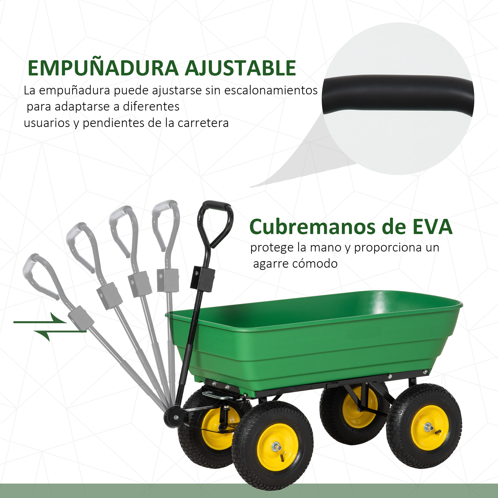 Carro de Jardín Basculante Capacidad 125 L Carga 200 kg Carretilla de Transporte Carro para Playa con Marco de Acero y 4 Ruedas Neumáticas Verde