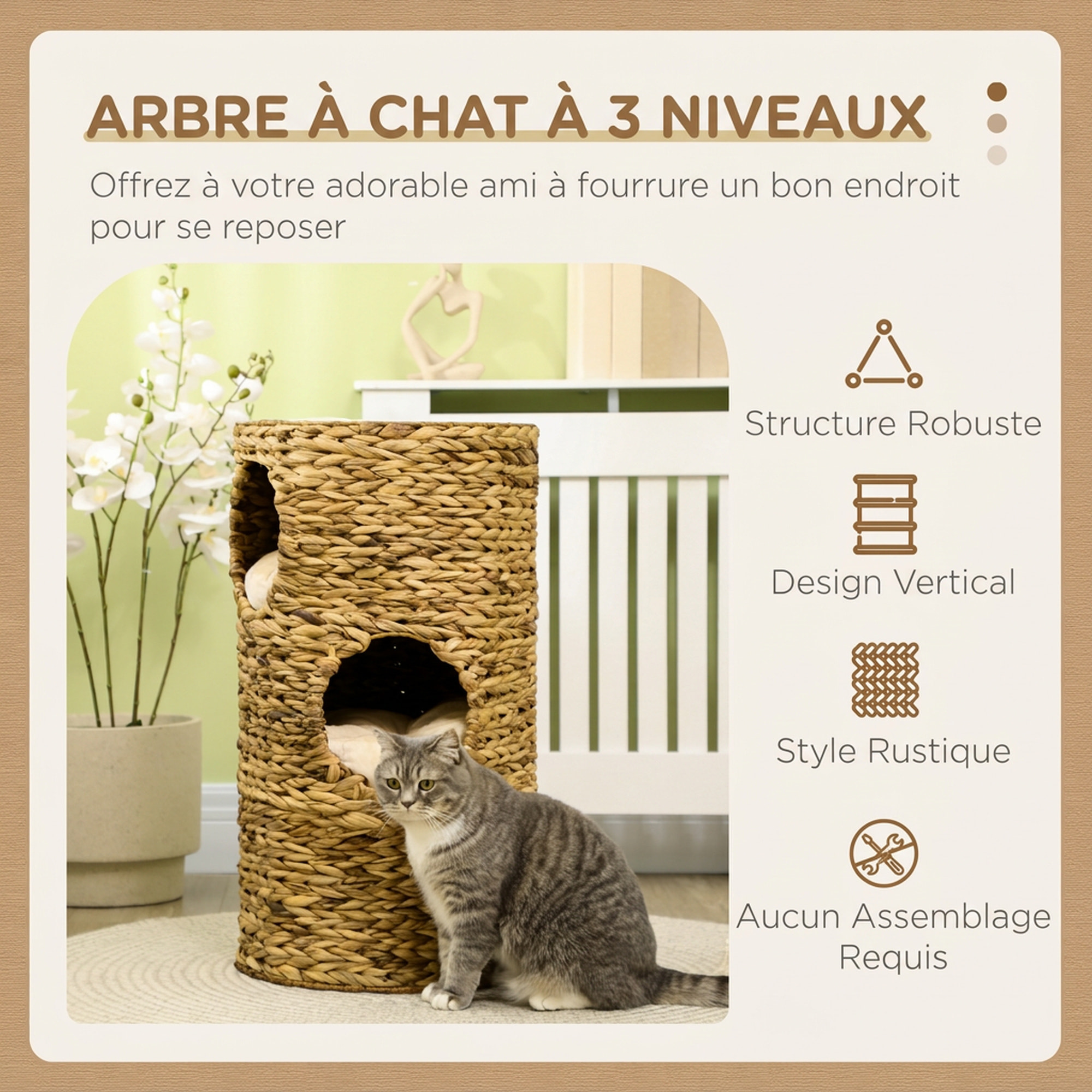 Tour à griffer pour chat - tonneau griffoir - 3 niveaux + plateforme - jacinthe d'eau tissu