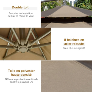 Parasol déporté octogonal inclinable manivelle Ø 2,65 x 2,45H m acier époxy polyester marron