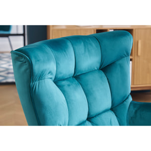 Fauteuil scandinave en tissu velours bleu pétrole et bois clair AVERY