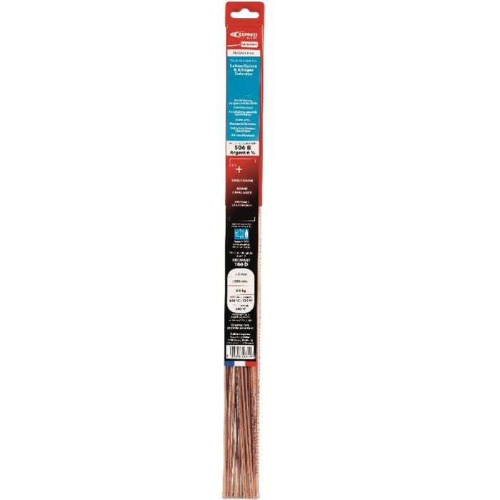 Baguette de brasure EXPRESS ATG - Spécial gaz - Argent 6% - Ø 2 mm x L500 mm - Blister de 500 grammes - GE206GC