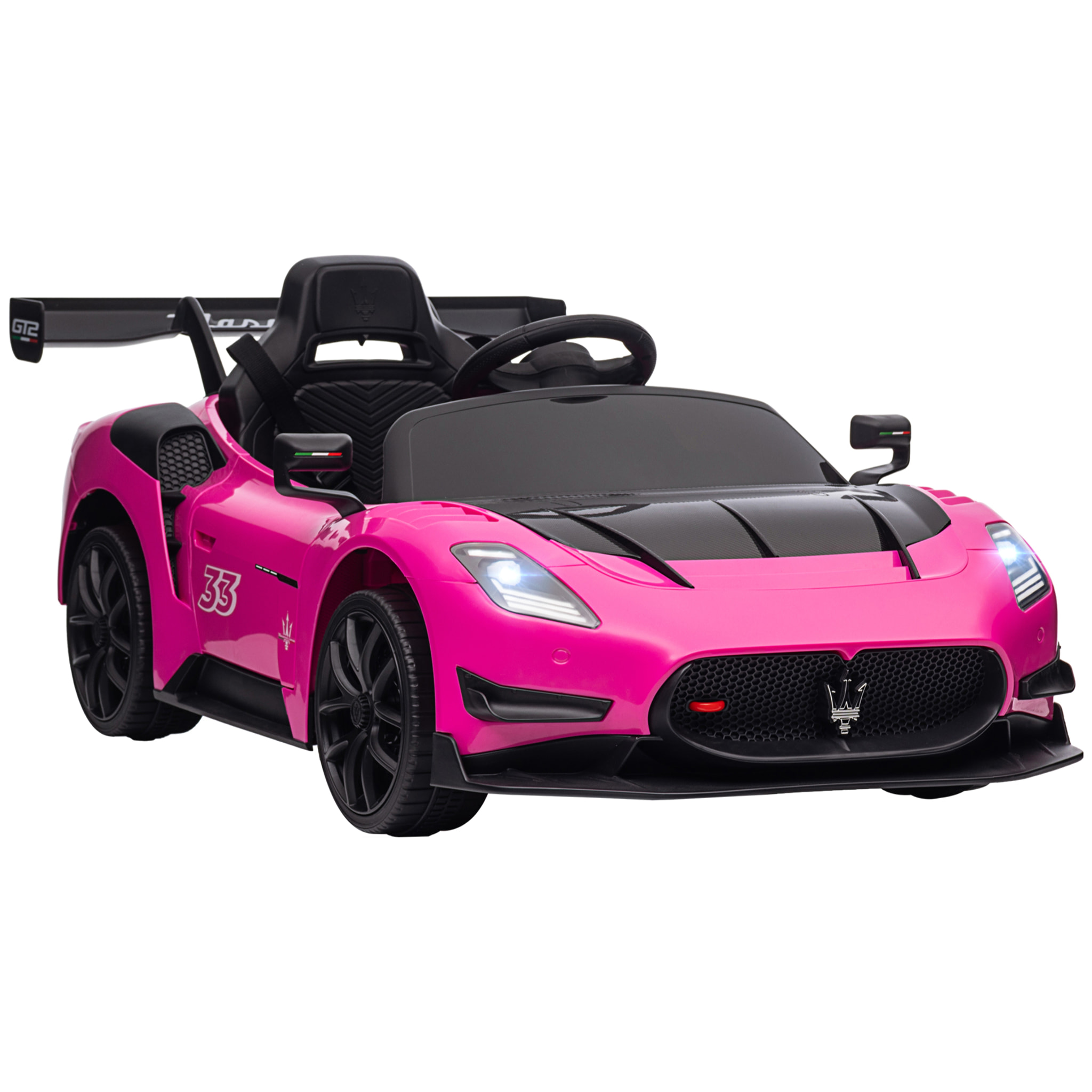 Coche Eléctrico para Niños de +3 Años Maserati GT2 Coche Eléctrico con Batería 12V Carro Eléctrico Infantil con Mando a Distancia Faros LED Bocina Música y Ruedas Auxiliares Rosa