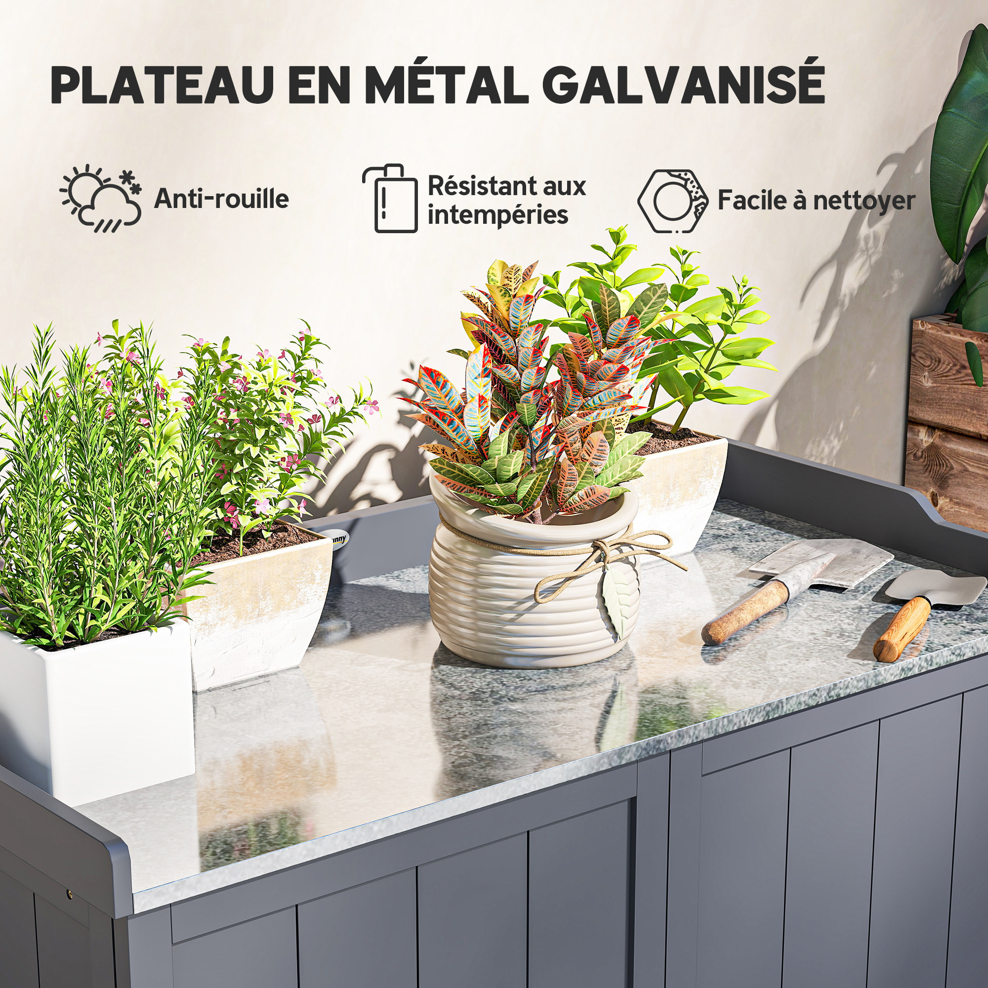 Armoire de rangement de jardin sur pied, table de rempotage 2 en 1 double porte, étagère, plateau métal galvanisé - bois sapin gris