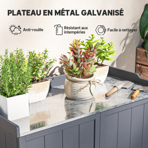 Armoire de rangement de jardin sur pied, table de rempotage 2 en 1 double porte, étagère, plateau métal galvanisé - bois sapin gris