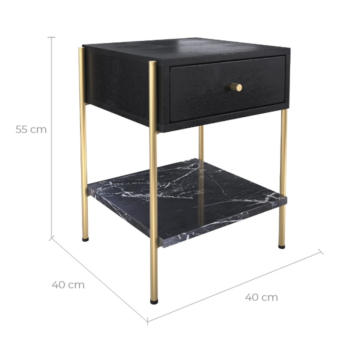 Table de chevet 1 tiroir en bois noir et métal doré - Doori