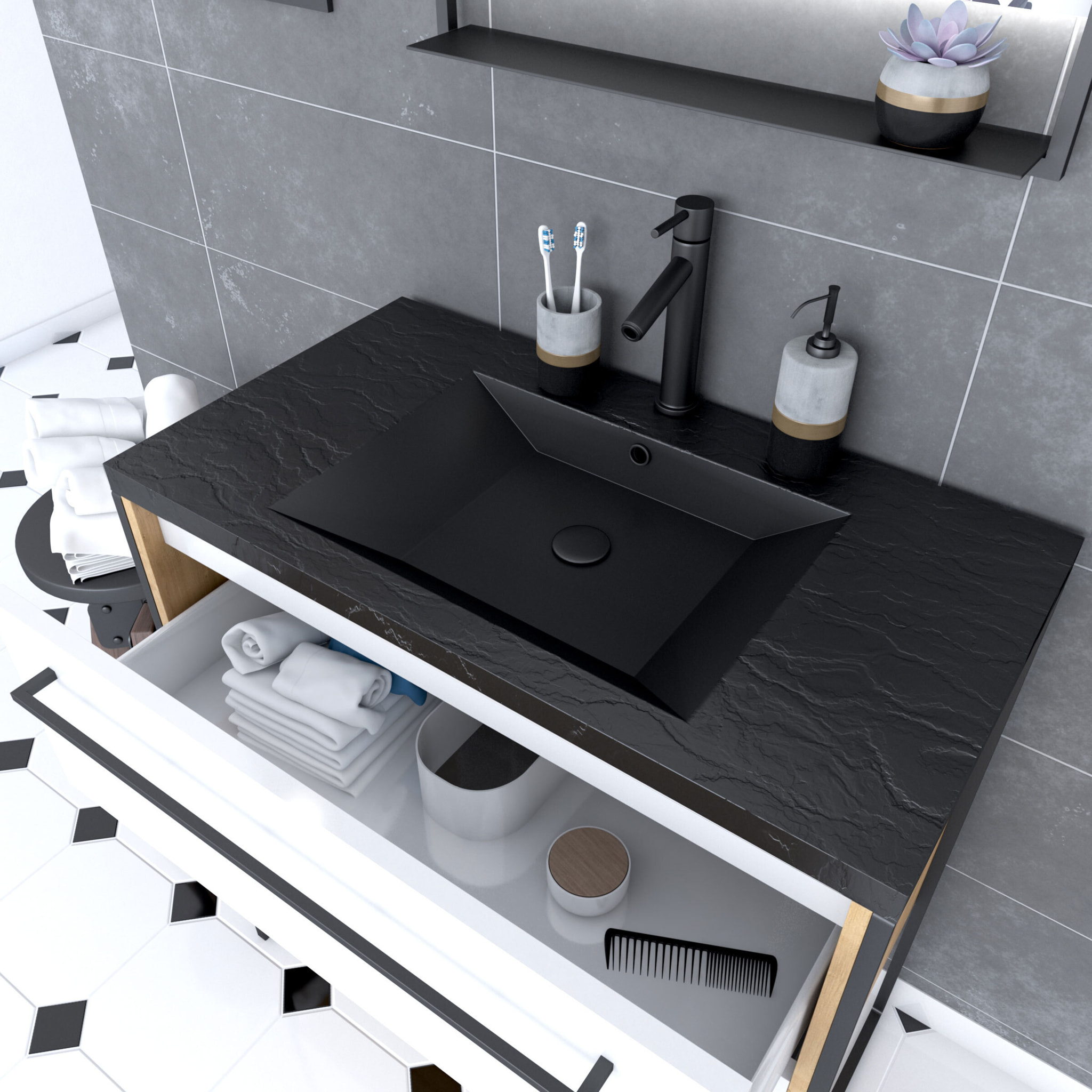 Meuble de salle de bain 80x50cm - vasque noir effet pierre 80x50cm - 2 tiroirs