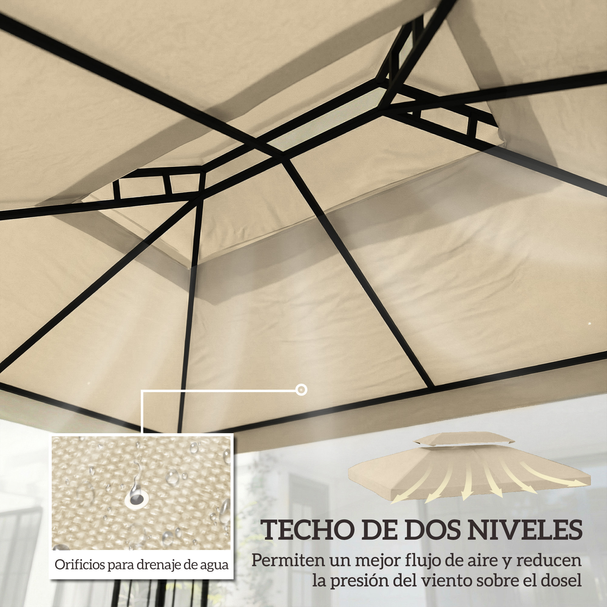 Techo de Repuesto para Cenador, 4x3 m, Cubierta de Repuesto con Techo Doble, 10 Orificios de Drenaje y Protección UV, SOLO Toldo de Recambio para Pabellón Gazebo, Blanco Crema