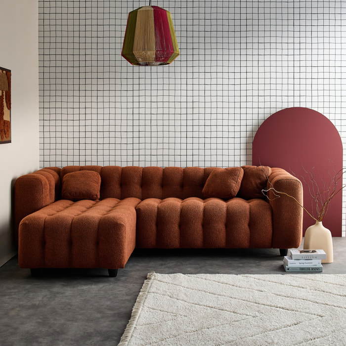 Canapé d'angle réversible 3-4 places bouclette texturée. terracotta. capitonné structure bois d'eucalyptus et contreplaqué