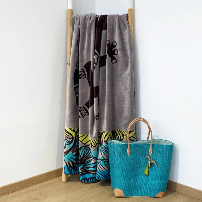 Serviette de plage XL éponge velours Jacquard Bleu 140x180 400g/m² - Lazare