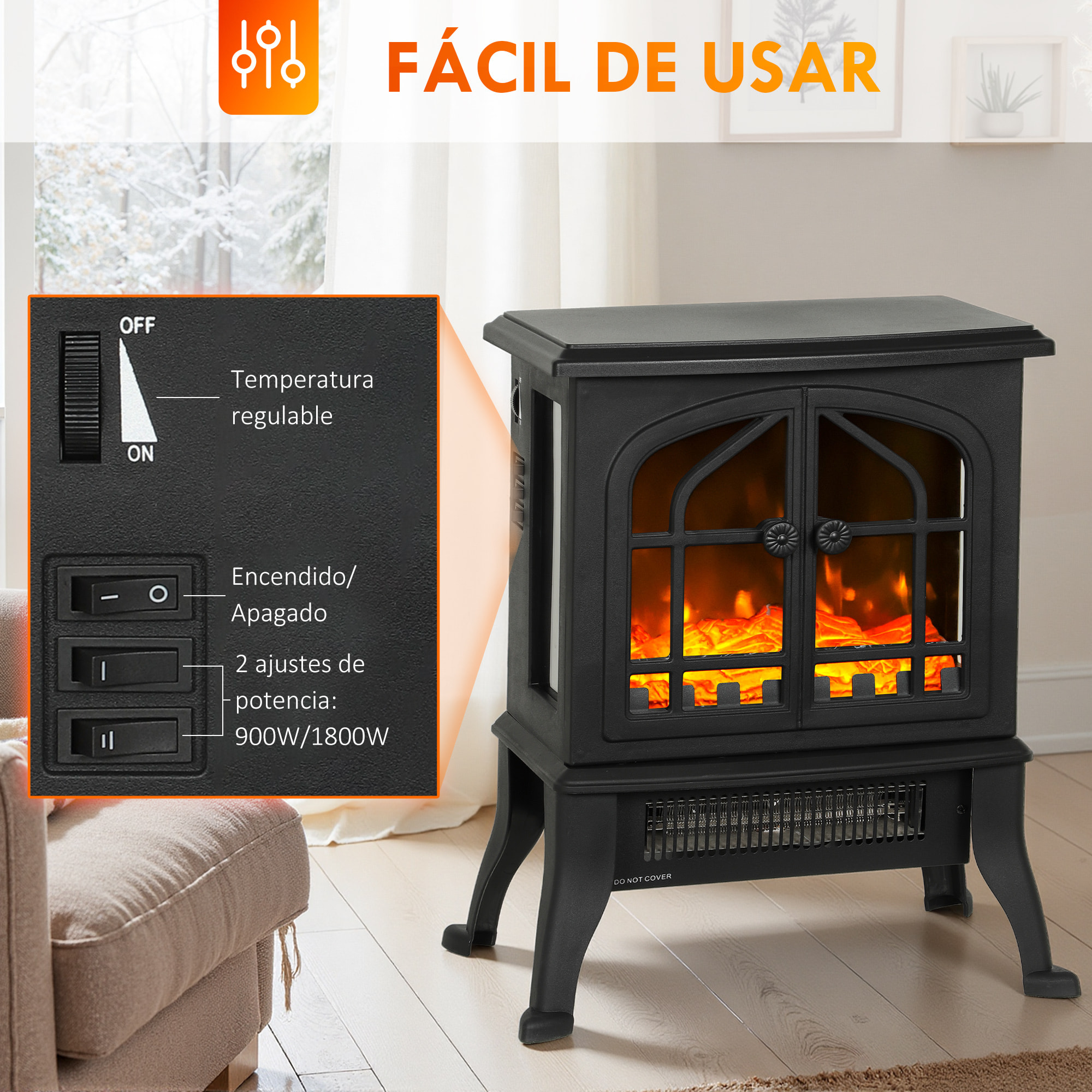 Chimenea Eléctrica de Pie, Chimenea Decorativa, 900/1800W, Efecto Llama 3D, 2 Niveles de Potencia, Termostato Ajustable, Ventanas Visibles, para 15-30 ㎡, Negro