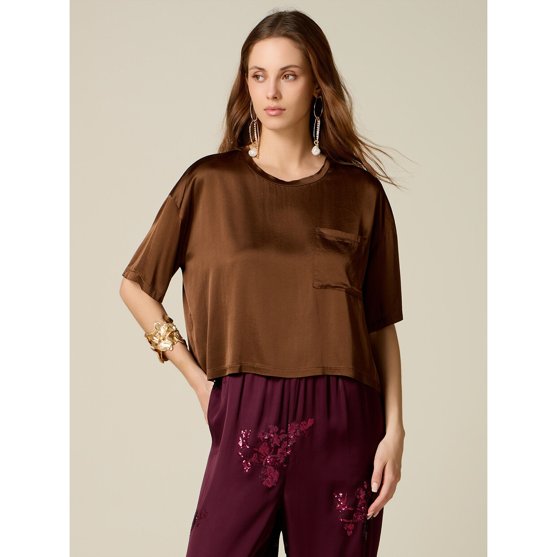Oltre - Blusa boxy in raso di viscosa - Marrone