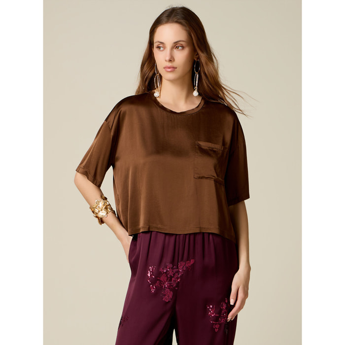 Oltre - Blusa boxy in raso di viscosa - Marrone