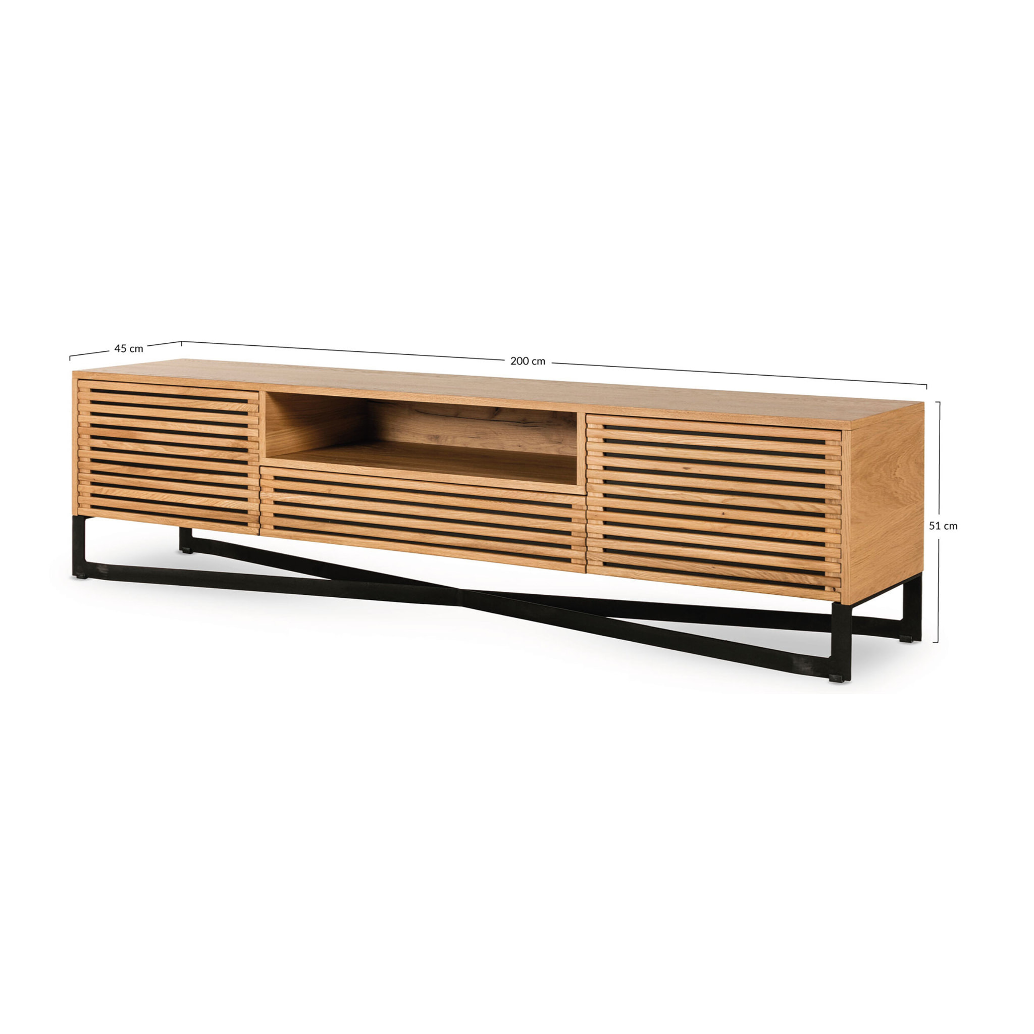 Medellin - meuble TV - bois et noir - 2 portes, 1 tiroir et 1 niche - 200 cm - Bois / Noir