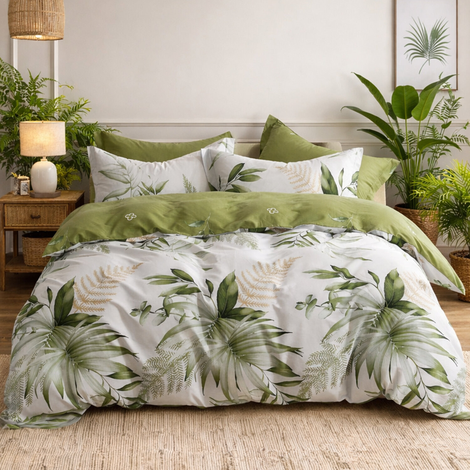 Parure housse de couette 100% coton - Kelys imprimé tropical vert