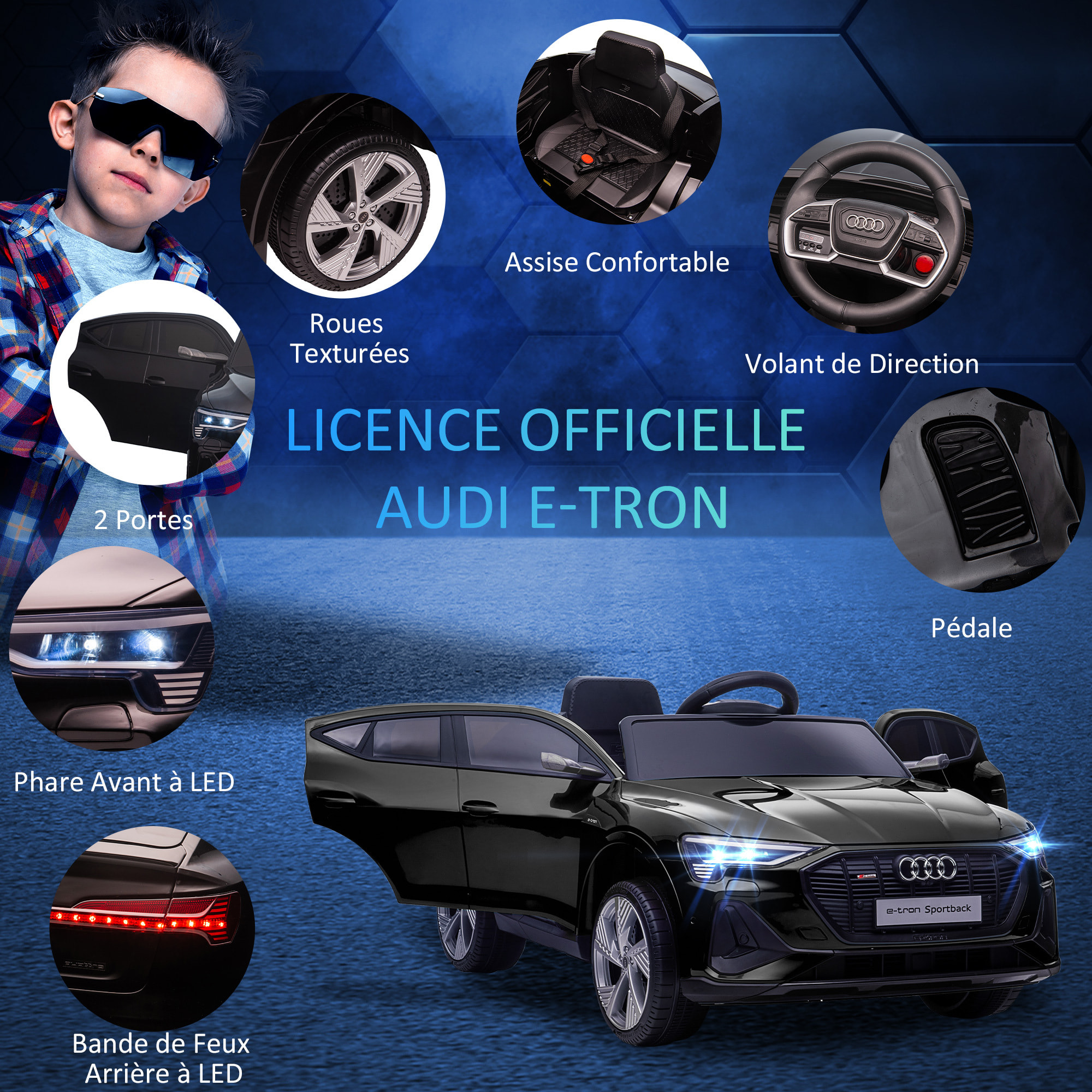 Voiture véhicule électrique enfant e-tron Sportback S line 12 V - V. max. 8 Km/h - effets sonores, lumineux - télécommande, port USB, MP3 - noir