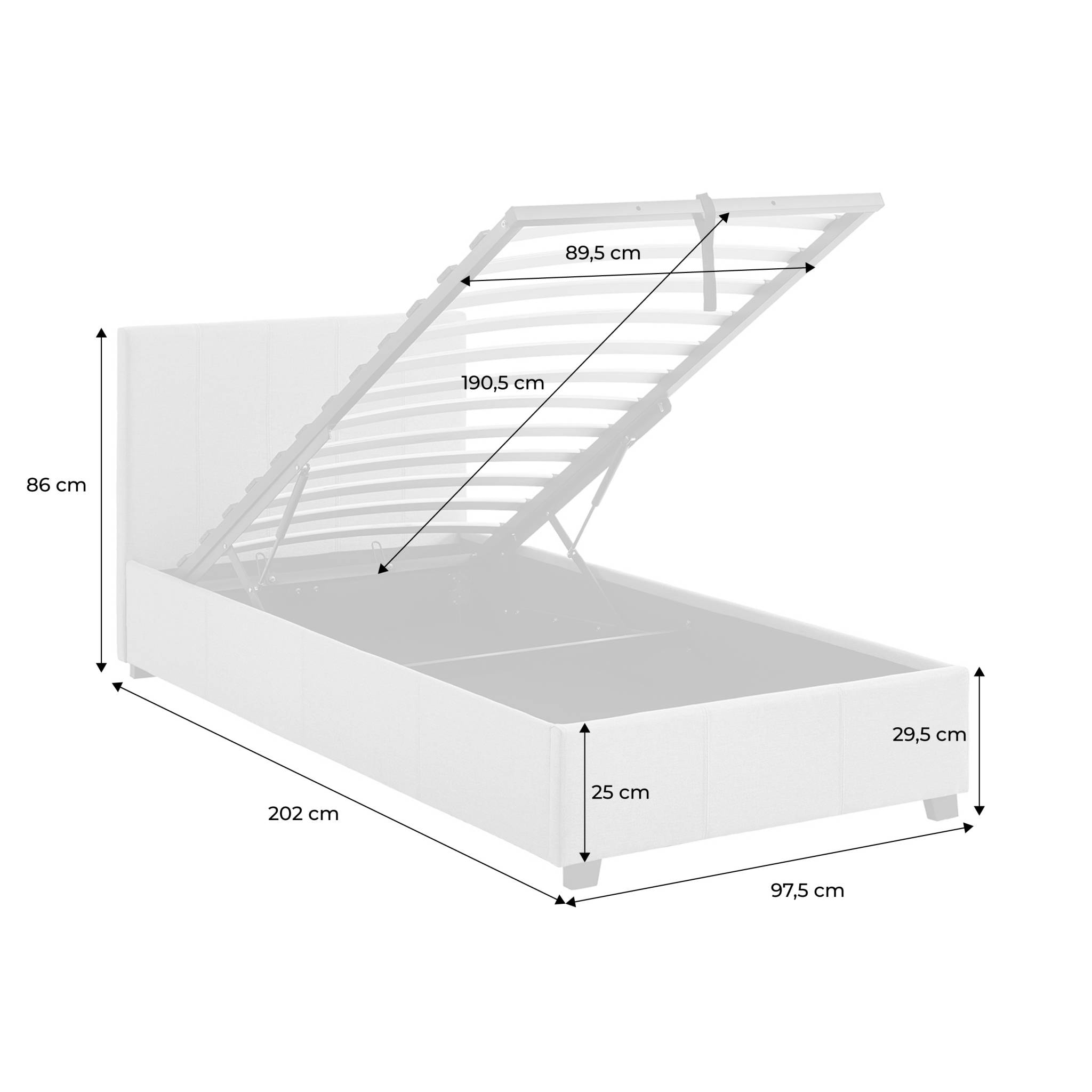 Lit coffre avec sommier à lattes et tête de lit. finition tissu gris clair. L 202 x P 97.5 x H 86cm