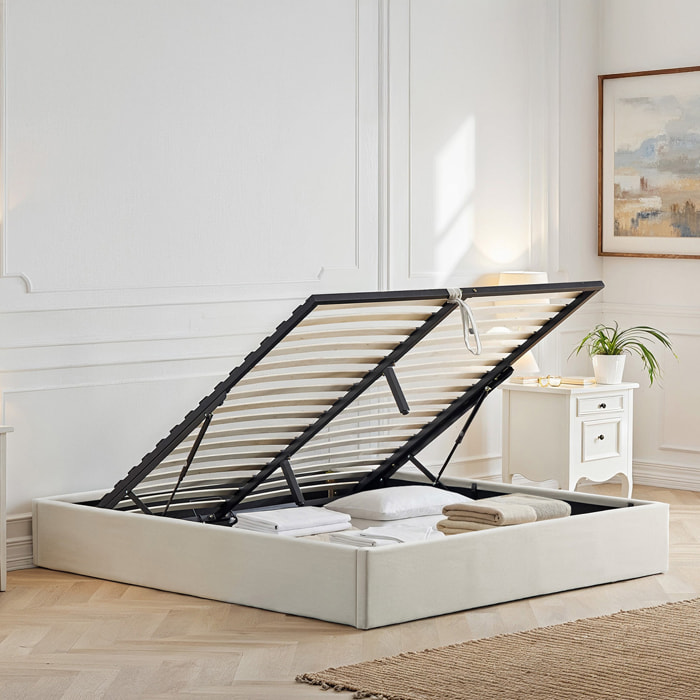 Lit Coffre Atlas en Tissu Beige, Grand espace de rangement, Sommier à Lattes actives, Structure Robuste, Design Moderne