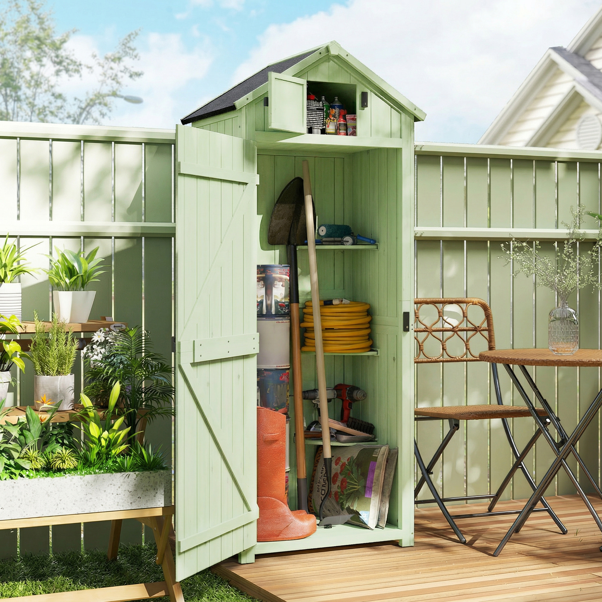 Armario de Jardín de Madera 77x54,2x179 cm 0,3 m² Cobertizo para Almacenaje de Herramientas con 3 Estantes y 2 Puertas con Cerrojo para Patio Terraza Verde