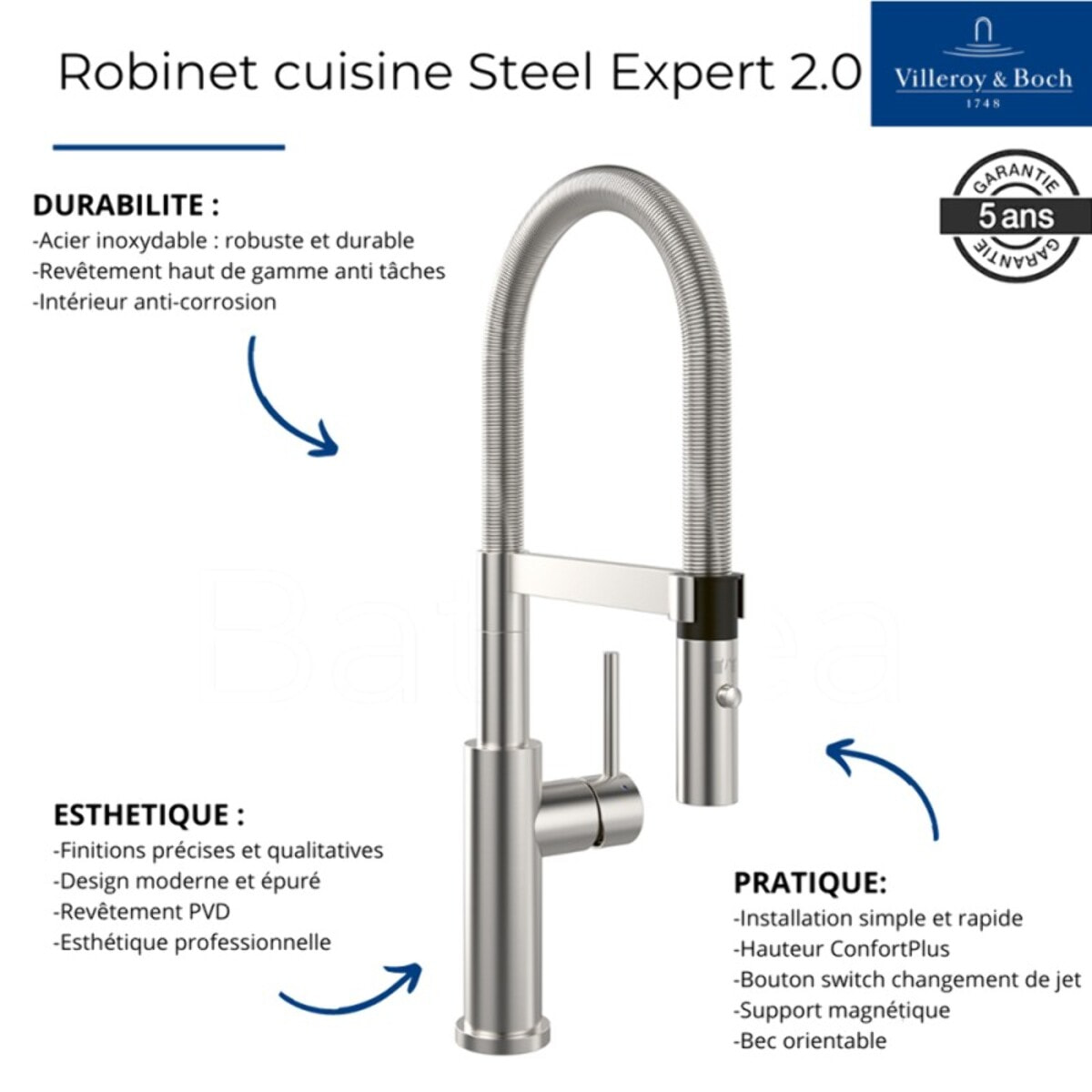 Robinet cuisine VILLEROY ET BOCH Steel expert 2.0