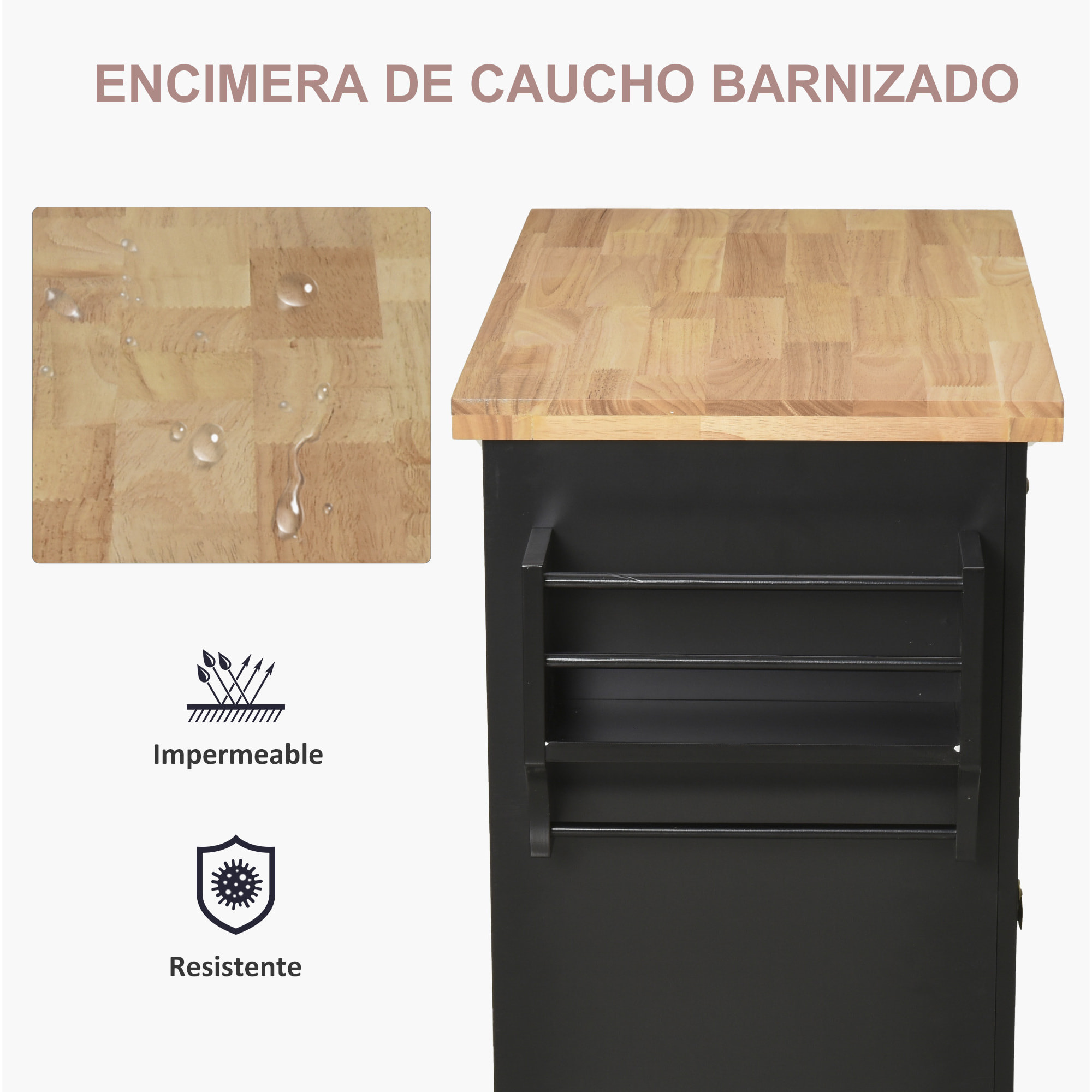 Isla de Cocina con Ruedas Carro de Cocina Mueble Auxiliar de Cocina con 2 Cajones 4 Puertas Especiero y Barra Lateral para Comedor 111x44,5x82,5 cm Negro