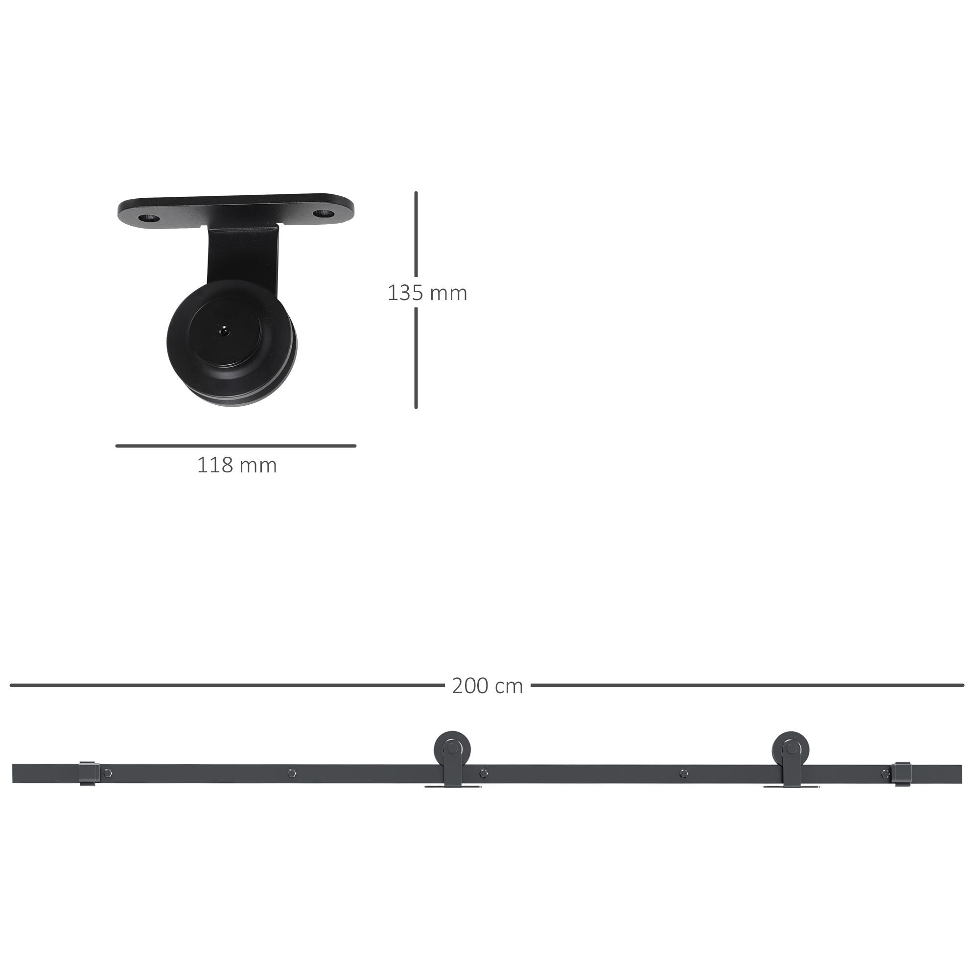 Herraje para Puerta Corredera 200 cm Kit de Accesorios para Puerta Corredera Carga 100 kg con 2 Rieles de Acero al Carbono Guia para Puerta de Granero 200x40x0,6 cm Negro