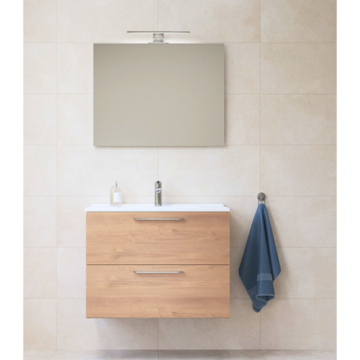 Mia ensemble avec meuble préassemblé 59x61x39,5 cm + miroir + lavabo céramique + éclairage LED, chêne (MIASET60D)