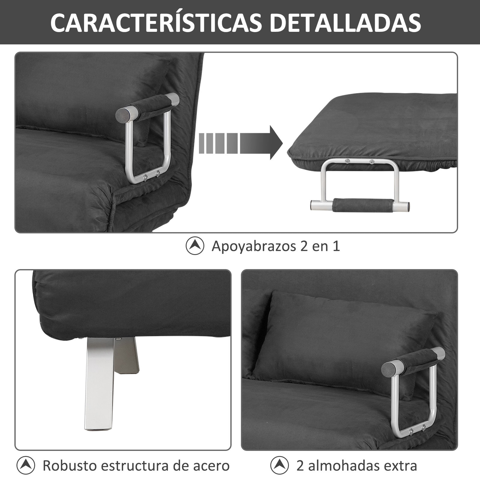 Sofá Cama de 2 Plaza 2 en 1, Sillón Cama Plegable Tapizado en Ante Sintético, con Respaldo Ajustable en 5 Niveles y 2 Almohadas Acolchadas, para Oficina, Dormitorio, Salón, 111x80x78 cm, Gris