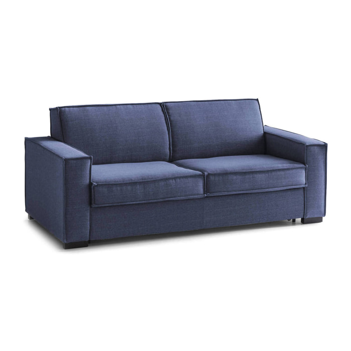 Divano Letto Adalgisa, Divano a 3 posti, 100% Made in Italy, Sofà Soggiorno con apertura girevole, in tessuto imbottito, con Braccioli standard, Cm 220x95h90, Blu