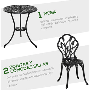 Conjunto de Mesa y Sillas de Terraza Exterior de 3 Piezas Muebles de Jardín de Aluminio con Respaldo con Patrón de Tulipán y Mesa con Orificio para Sombrilla Negro