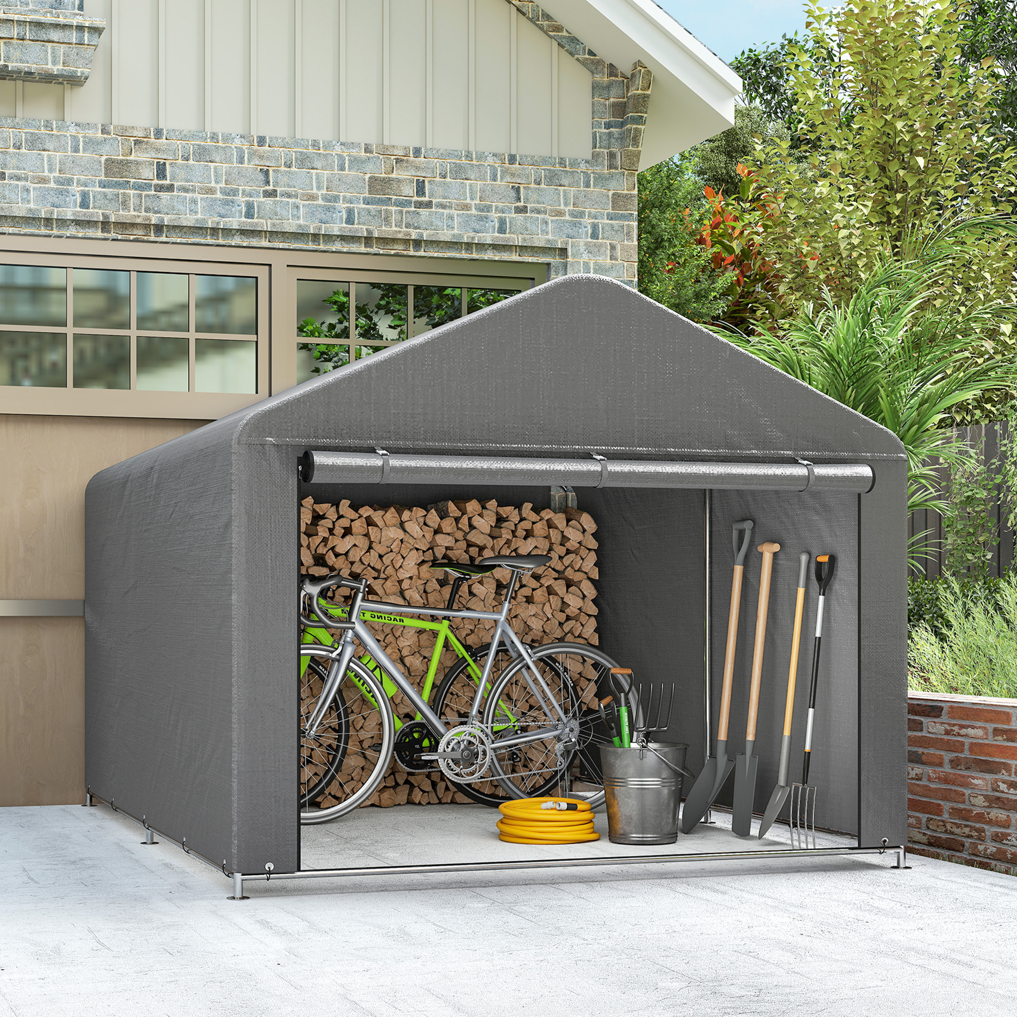 Carpa de Jardín Exterior para Herramientas, Bicicletas, 2,4x2x2 m, Cobertizo Exterior con Marco Metal Galvanizado, Puerta Enrollable con Cremallera, Impermeable, UV30+, Garaje Portátil, Gris