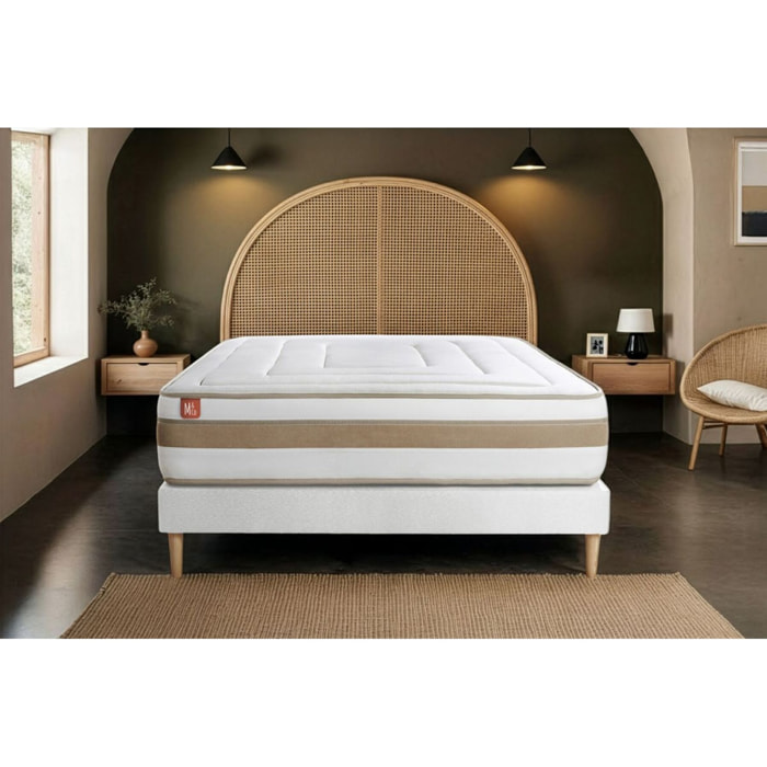 Pack Matelas Le Raffiné - 26cm - Ressorts ensachés et mémoire de forme - Confort haut de gamme, impact réduit. - Sommier kit Blanc - Avec couette et oreillers