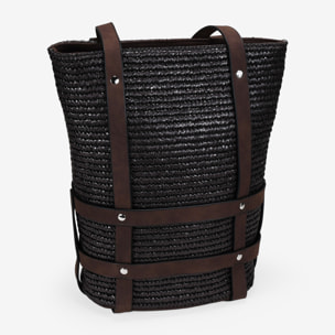 Bolso de hombro marrón en rafia con arnés