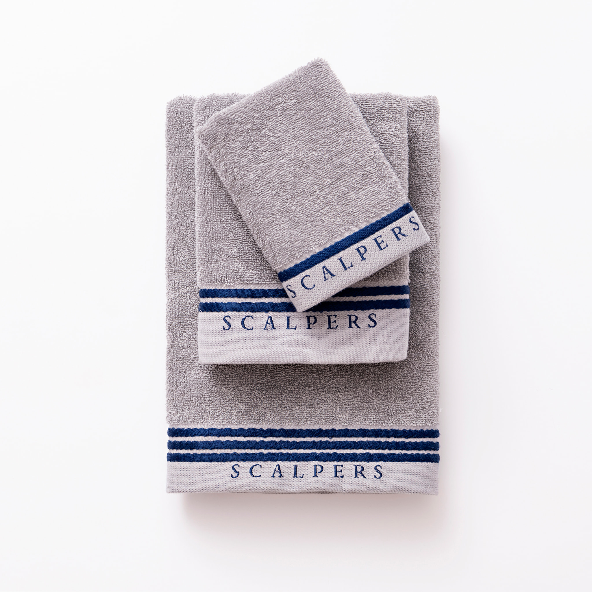 Set toallas baño (tocador 30x50cm + manos 50x90cm + baño 70x140cm) 450gsm en algodón gris con azul scalpers home