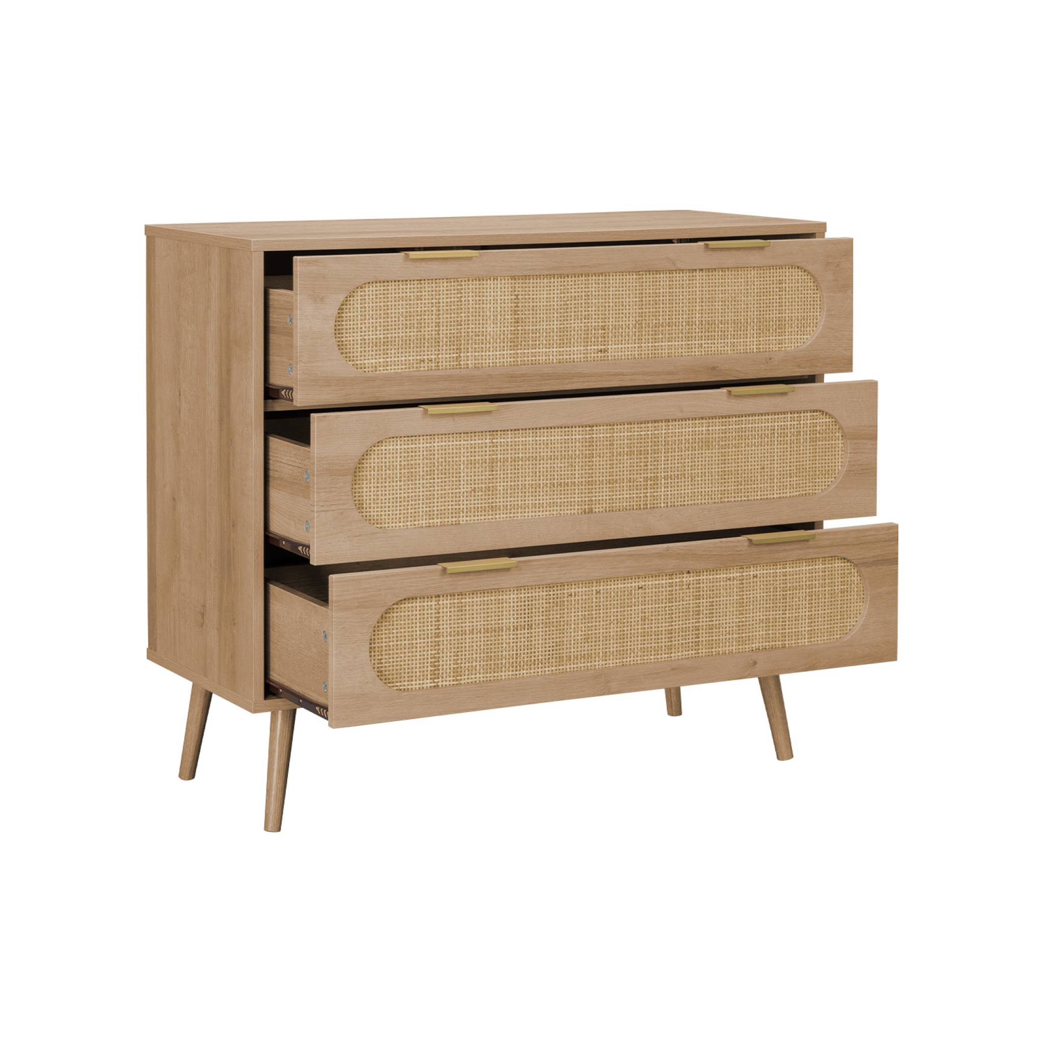 Commode. Eva. décor bois et cannage arrondi. 3 tiroirs L 90 x l 39 x H 79cm