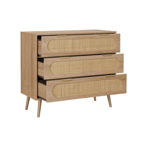 Commode. Eva. décor bois et cannage arrondi. 3 tiroirs L 90 x l 39 x H 79cm