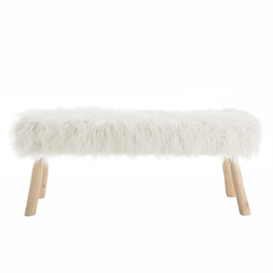 SACHA - Banc 120x40cm peau de mouton couleur ivoire pieds bois naturel