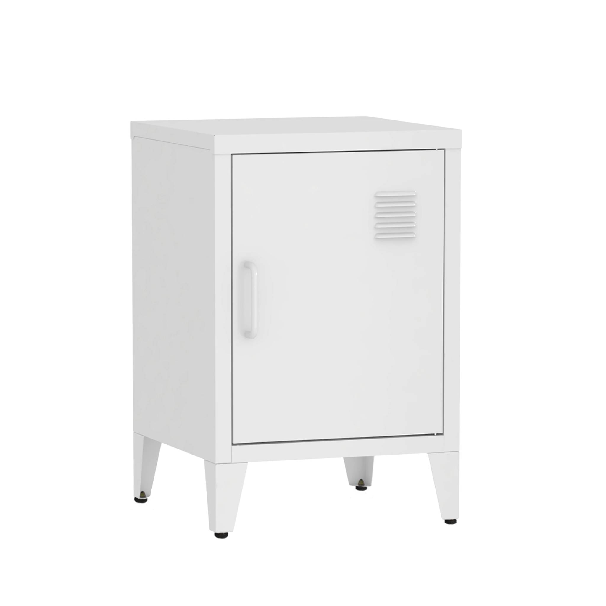 Lot de 2 tables de chevet en acier 1 porte. Blanc. casier. L 38 x P 38 x H 55.7 cm