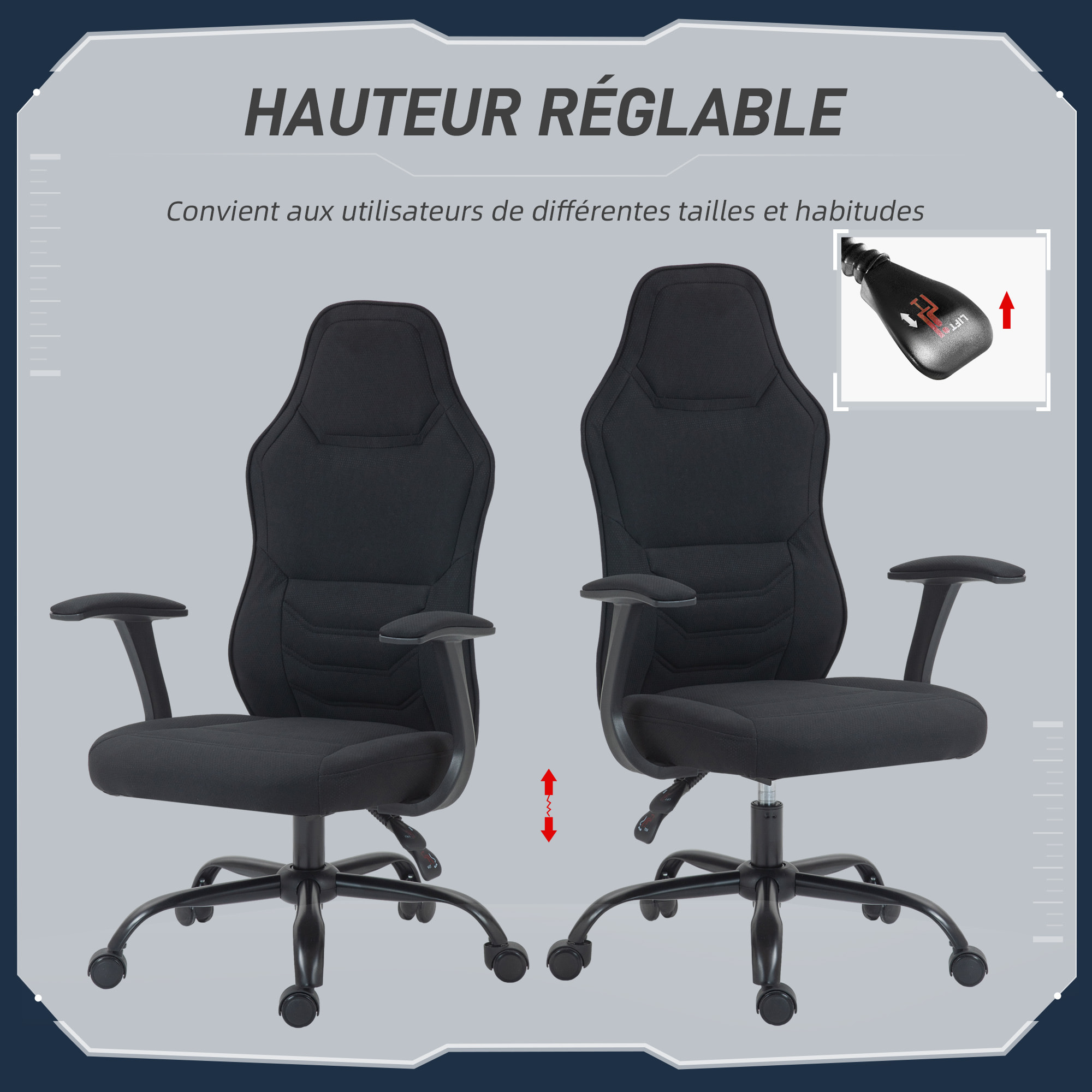 Fauteuil gamer ergonomique - chaise de bureau gaming - réglable - dossier inclinable - tissu noir