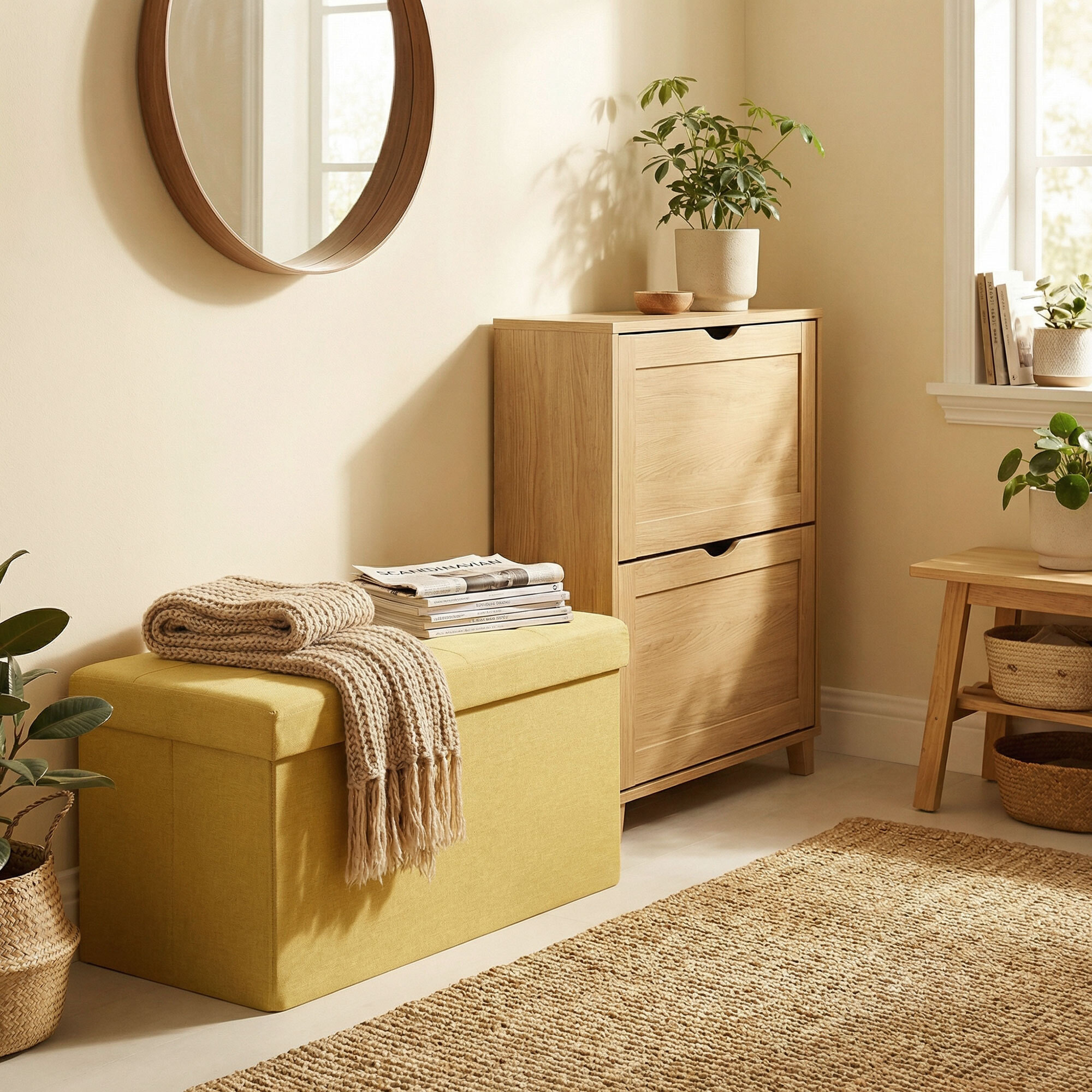 Puff Almacenaje, Banco Almacenaje Plegable, 84 L, 76x38x38 cm, Tapizado en Lino Sintético, Baúl de Almacenamiento, Carga 120 kg, Taburete para Sala de Estar, Dormitorio, Entrada, Amarillo