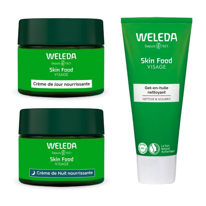 WELEDA - Skin Food Crème de Jour nourrissante + Crème de Nuit nourrissante + Gel-en-huile nettoyant - Pour les peaux sèches - Hydrate immédiatement et nourrit instantanément  - Natrue* - Vegan*** - 2x40 ml + 75ml