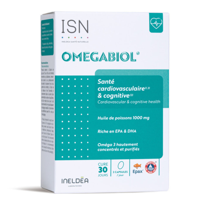 ISN - Omegabiol - Complément alimentaire à base d'acide gras Oméga 3 - Riche en EPA + DHA - Maintien de l'équilibre cardiovasculaire - Sans Gluten - Marque Française - Cure 30 jours