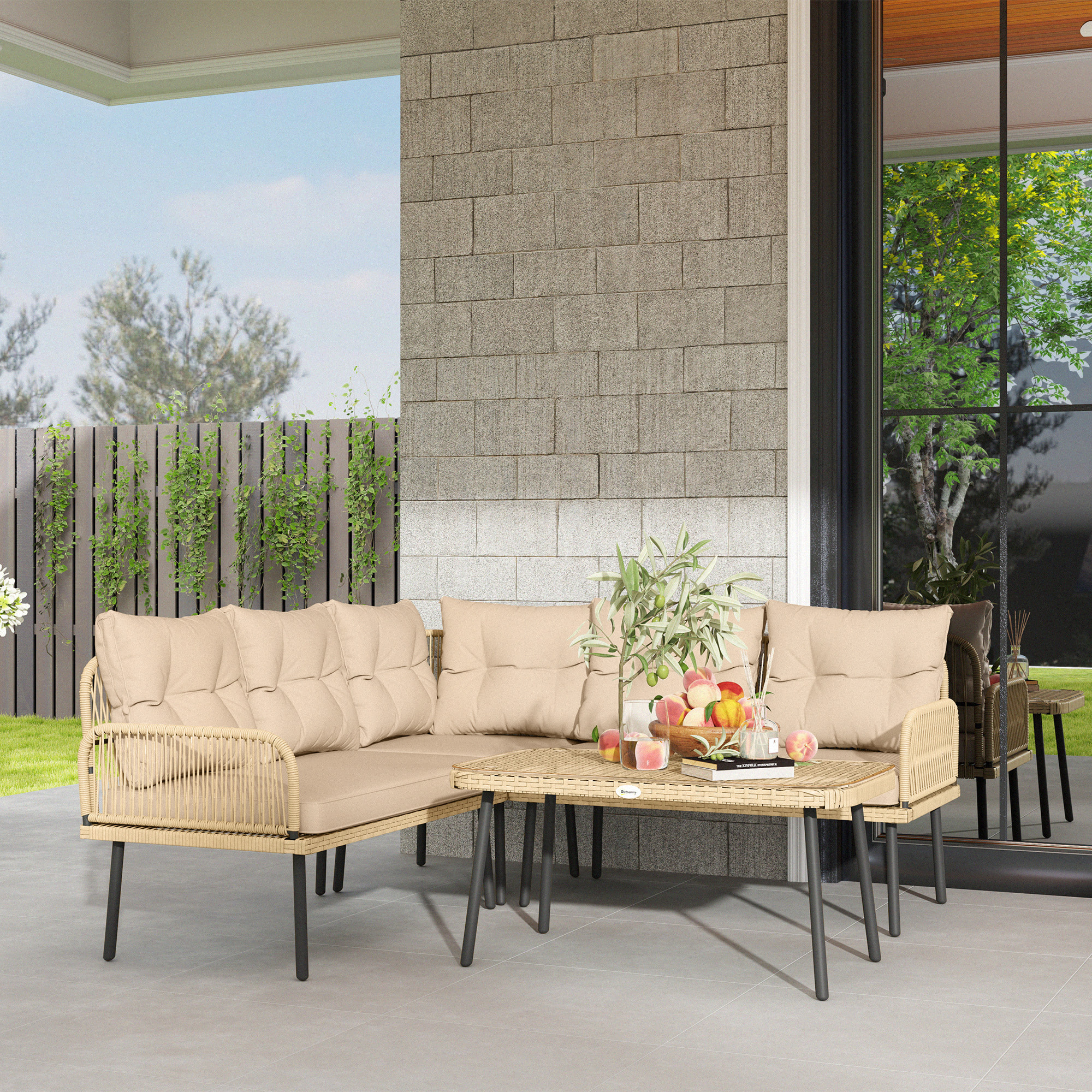 Ensemble salon de jardin d'angle 5 places avec table basse et coussins beige résine tressée effet rotin