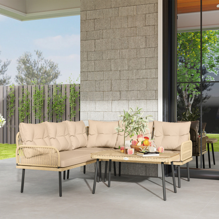 Ensemble salon de jardin d'angle 5 places avec table basse et coussins beige résine tressée effet rotin
