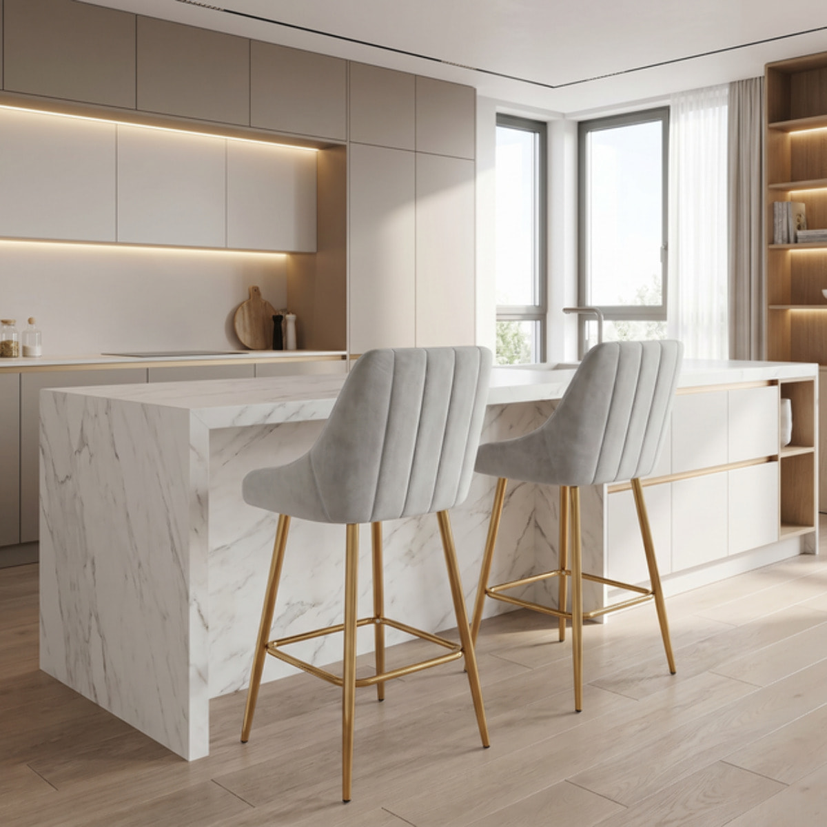 Sgabello Alto Imbottito in Effetto Velluto con Schienale e Poggiapiedi, Design Moderno per Penisola, Isola Cucina, Bancone Bar e Snack