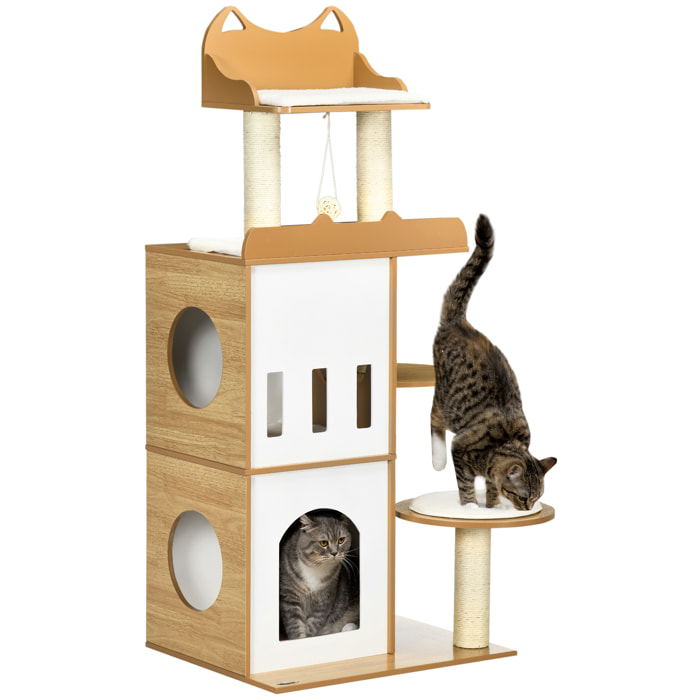 Árbol Rascador para Gatos 133 cm Torre para Gatos Rascador para Gatos con Cuevas Plataformas Bola Colgante y Postes de Sisal 60x48x133 cm Roble