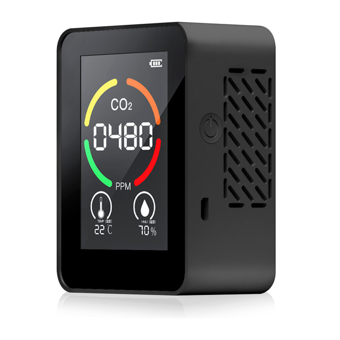 Monitor della qualità dell'aria interna. Rilevazione CO2, con allarme acustico e visivo. Termometro, TVOC e igrometro.