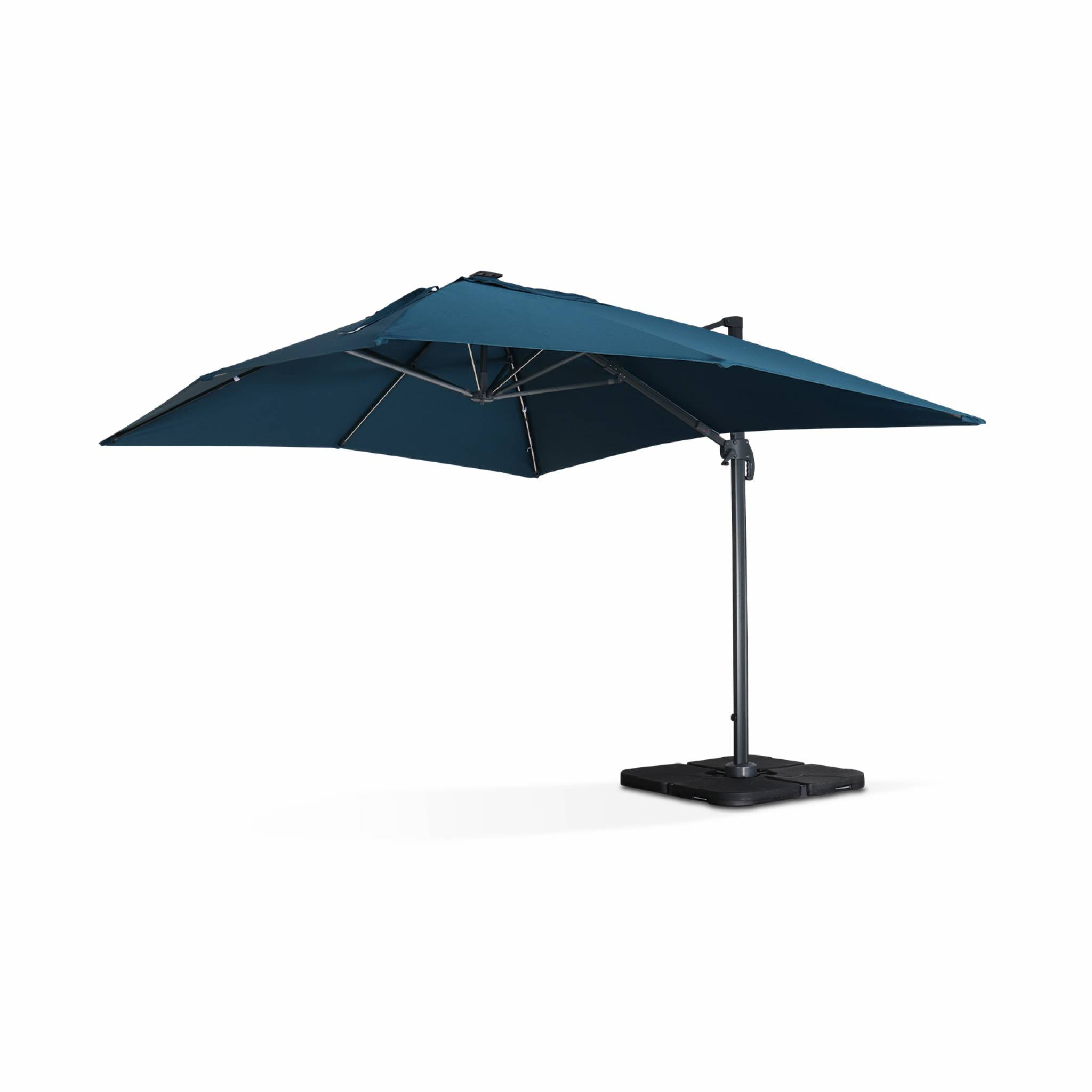 Parasol déporté solaire LED rectangulaire 3x4m haut de gamme - Luce Bleu canard - Parasol excentré inclinable. rabattable et rotatif à 360°. chargeur solaire