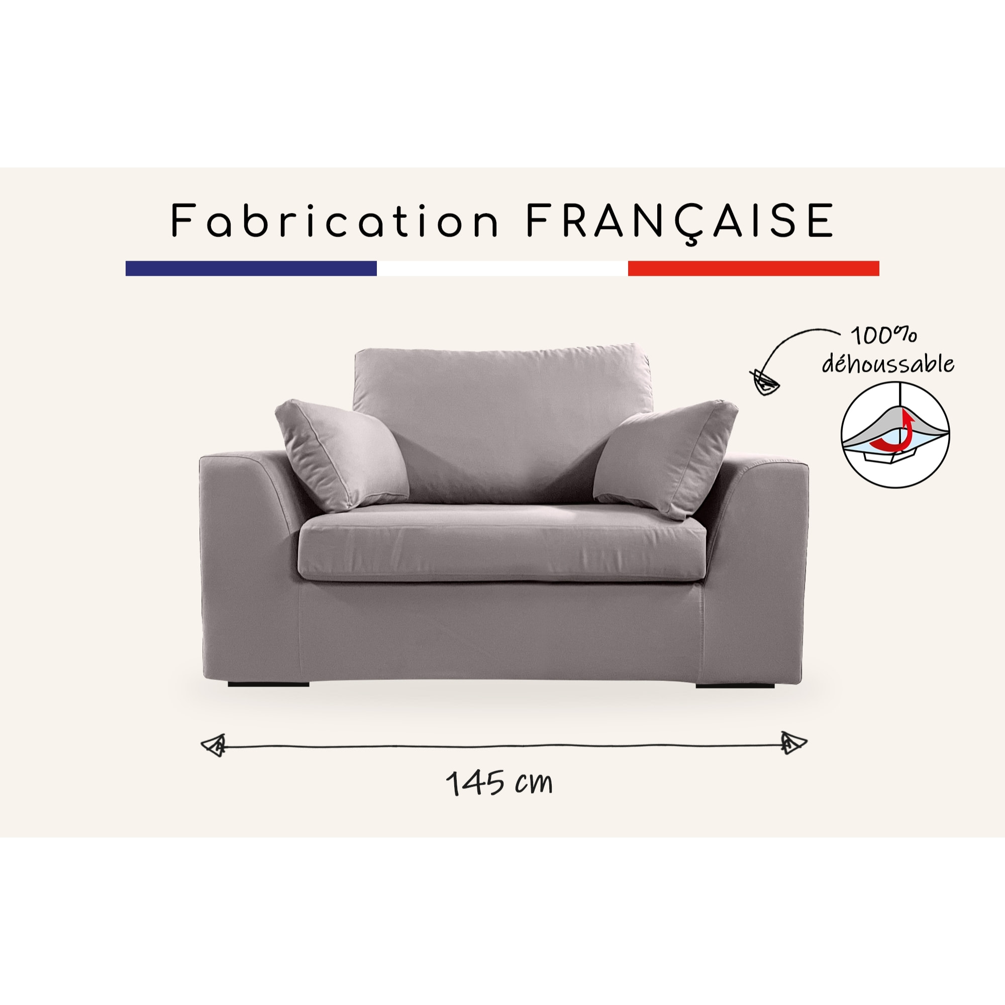 Fauteuil XL TRESSIN 145 cm fixe tissu coton Gris Clair - 100% déhoussable - Fab. France